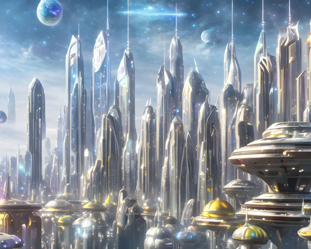 Futuristic cityscape with skyscrapers, flying vehicles, and starlit sky