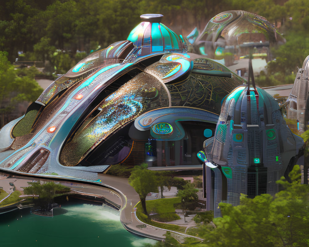 Organically shaped futuristic cityscape with transparent domes and lush greenery