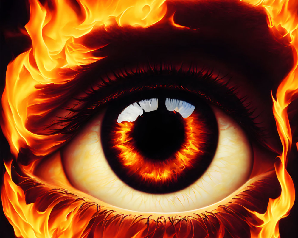 Intense orange and yellow flames surrounding a human eye illustration