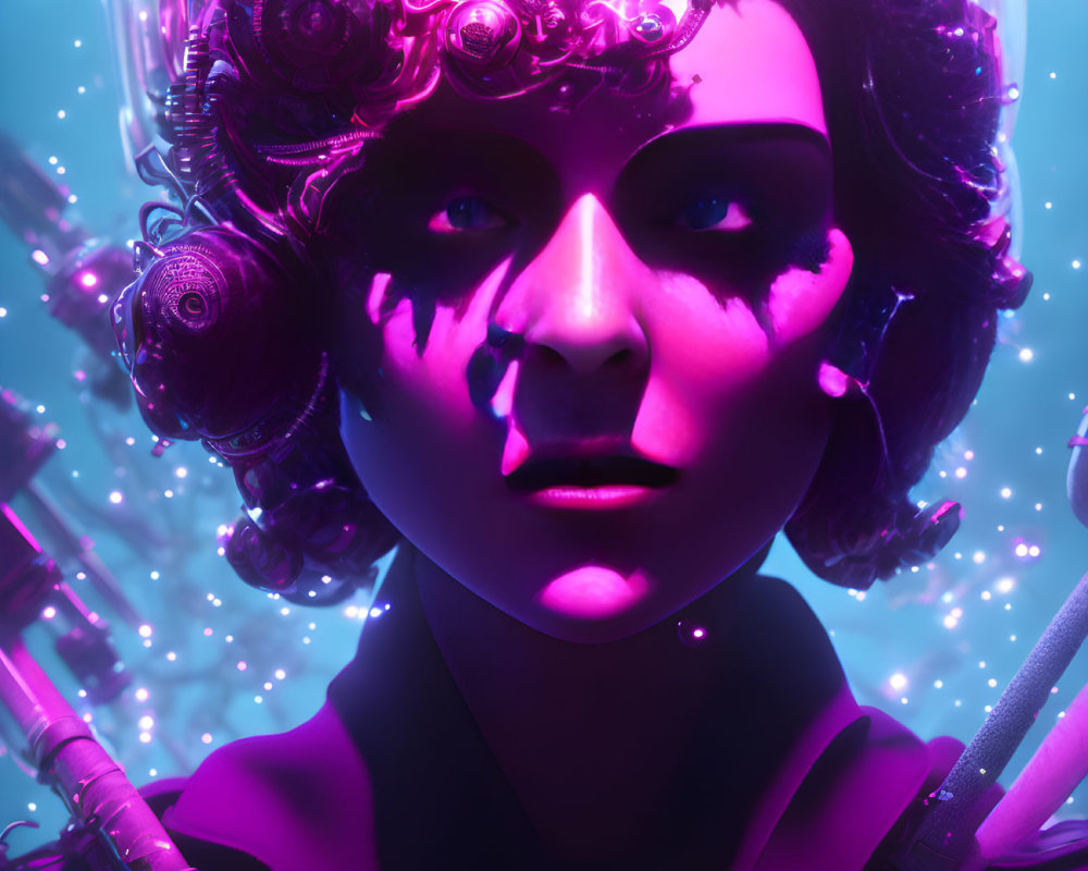 Futuristic female figure with intricate mechanical crown in neon-lit ambiance