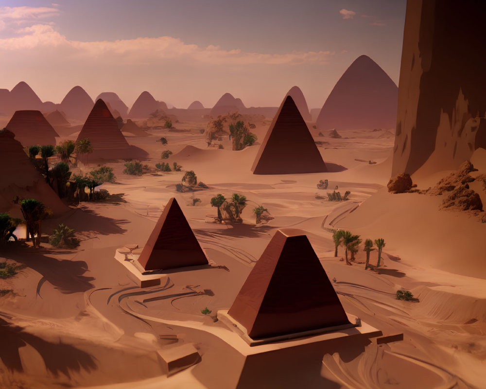 Digital art landscape of pyramid structures in desert oasis