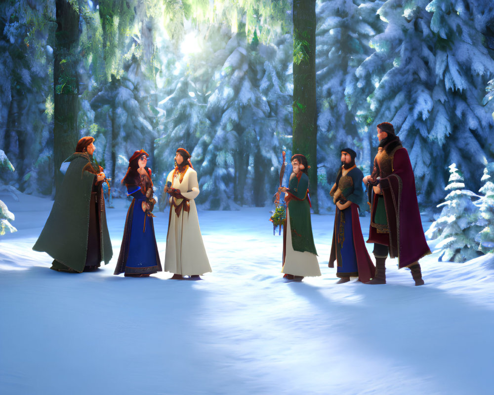 Medieval Attired Animated Characters in Snowy Forest