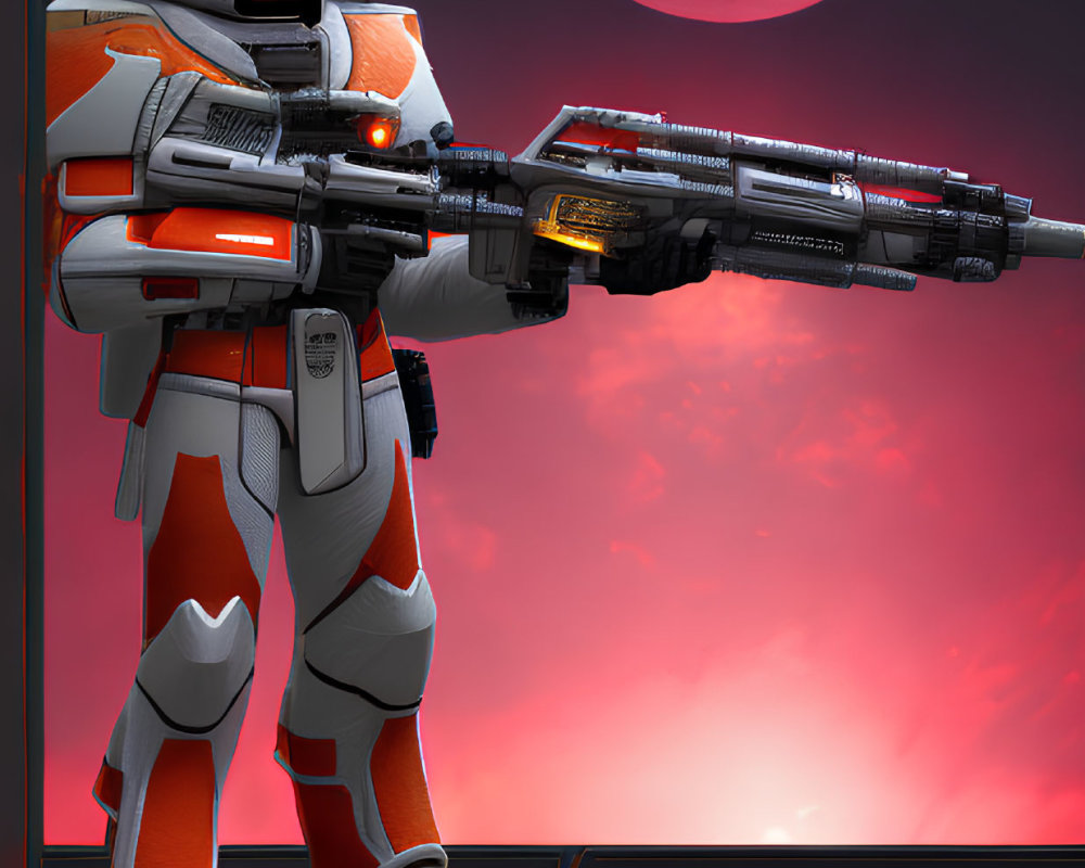 Armored astronaut with rifle in futuristic space scene