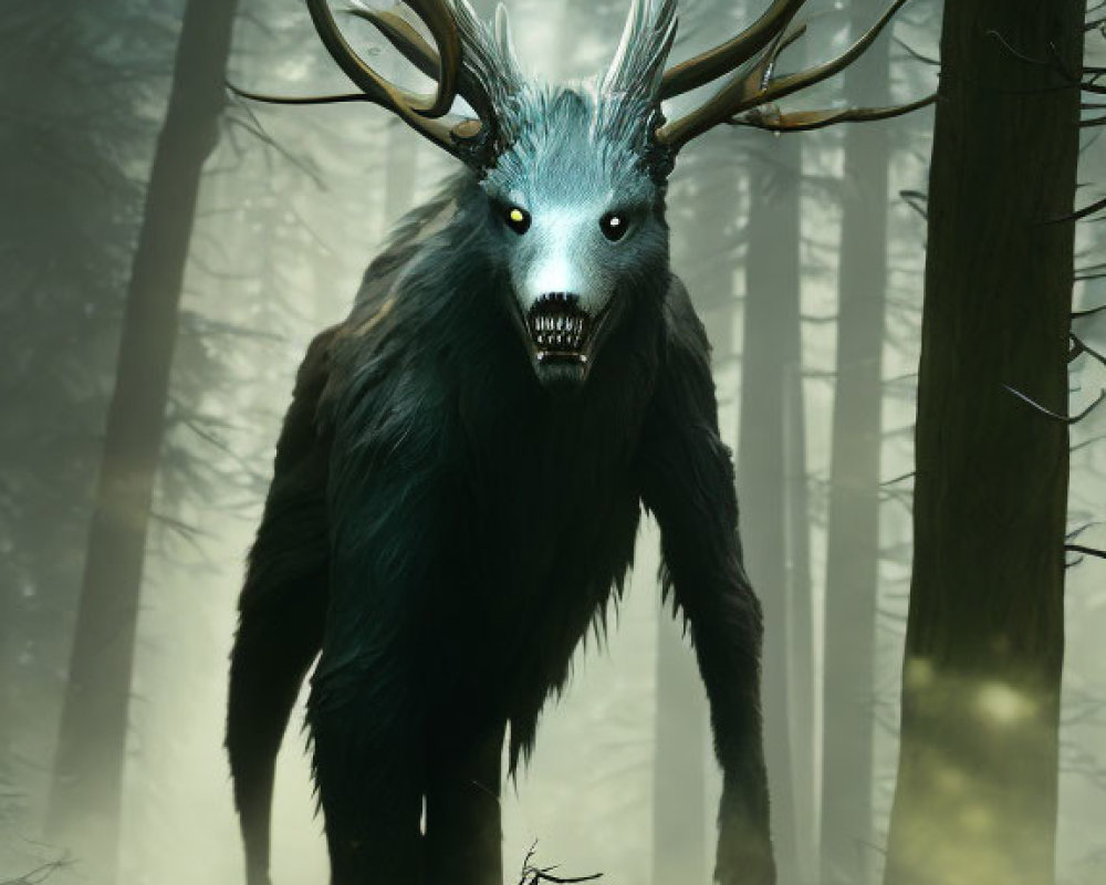 Mystical wolf creature with large antlers in foggy forest