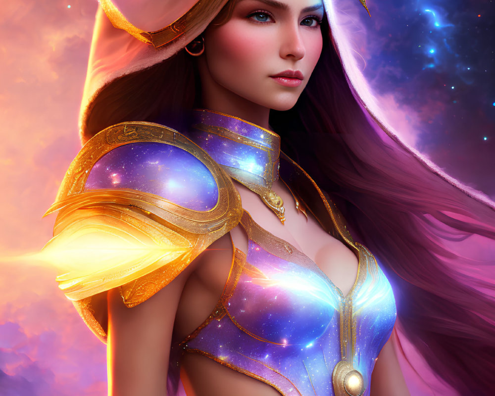 Fantasy female character with cosmic armor and purple hair.