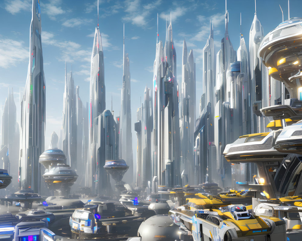 Futuristic cityscape with skyscrapers and flying vehicles