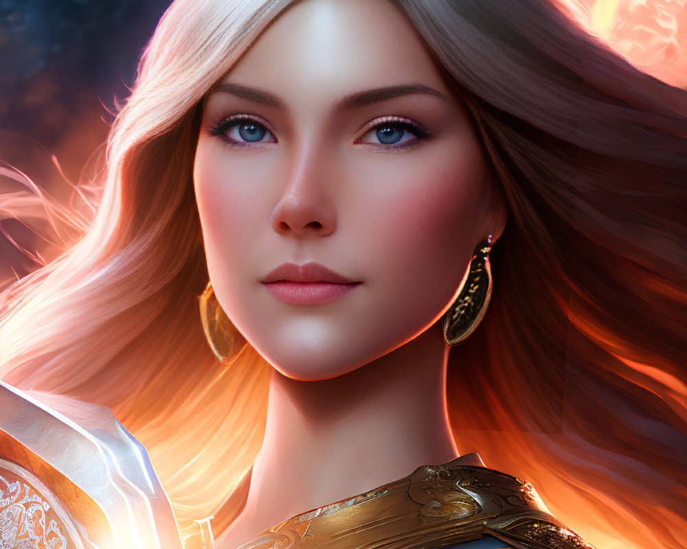 Fantasy digital artwork of a blonde female character with blue eyes in golden armor and earrings on magical background