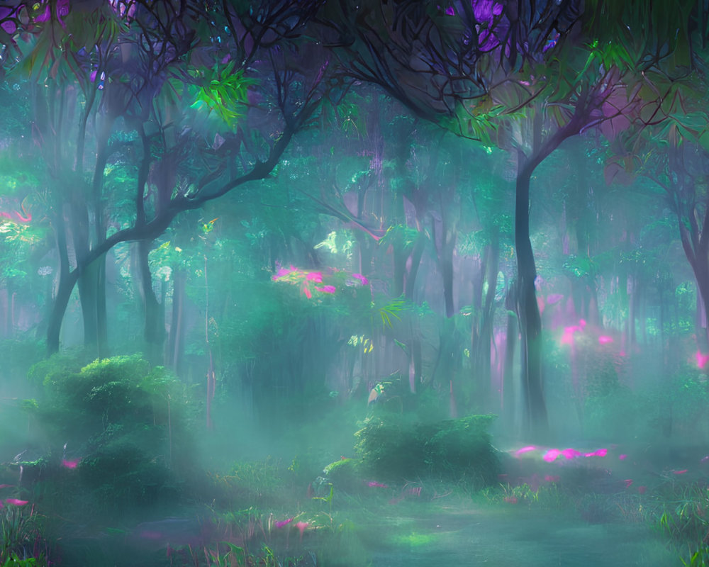 Ethereal purple and green lights in mystical forest