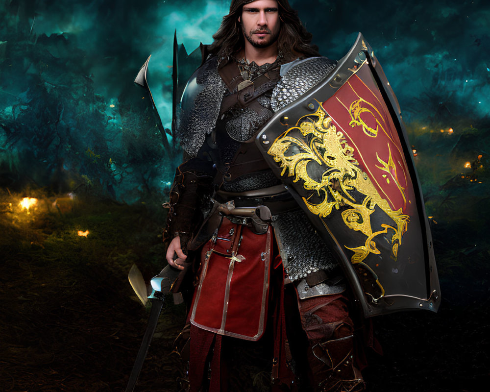 Medieval warrior with shield and axe in dark enchanted forest