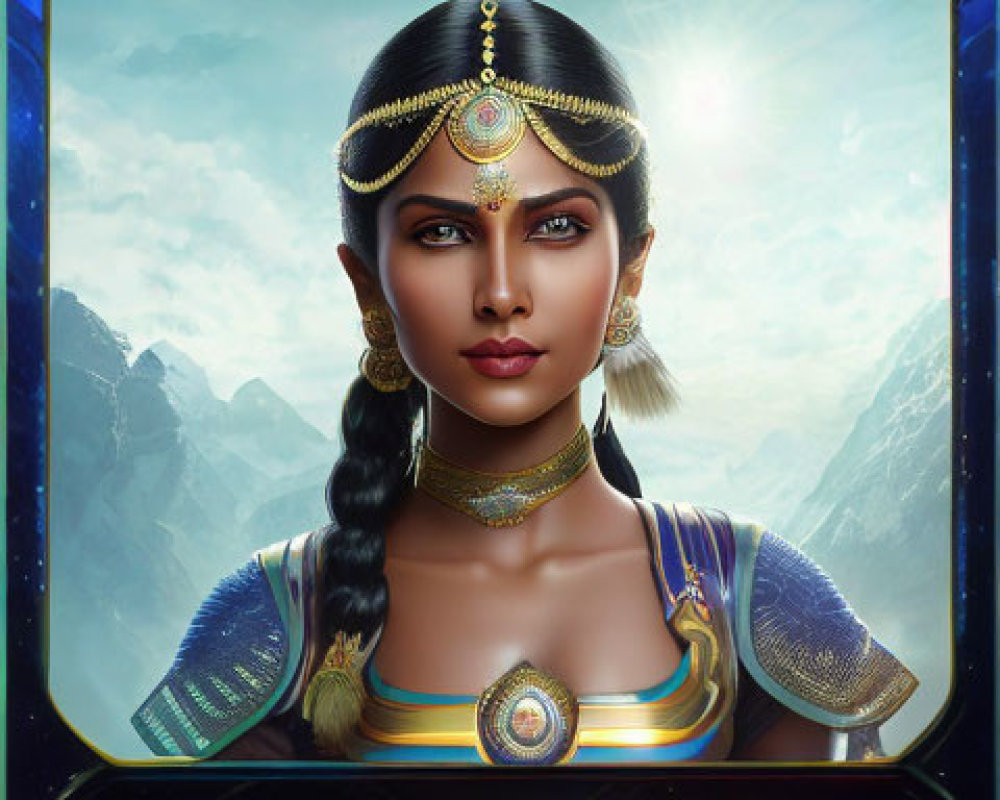 Digital artwork of futuristic Egyptian queen with gold and blue jewelry against mountainous backdrop