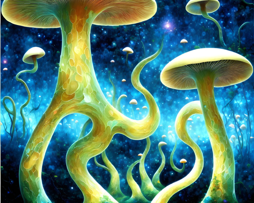 Enchanted forest scene with oversized glowing mushrooms