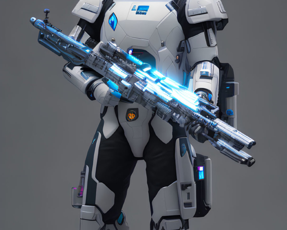 Futuristic robot in white and blue armor with energy weapon & glowing eyes