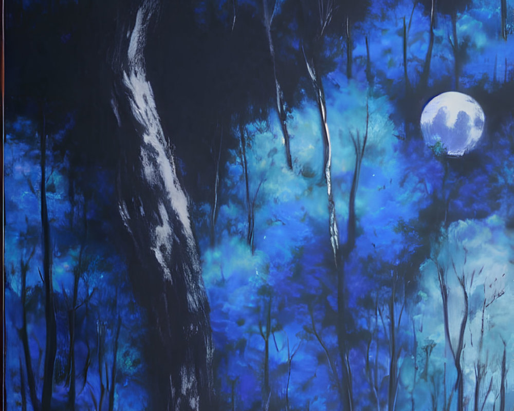 Mystical blue forest with full moon and white birch