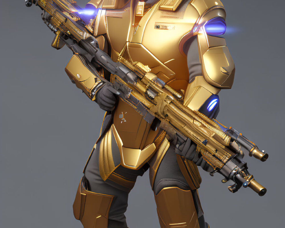 Futuristic soldier in golden power armor with high-tech rifle