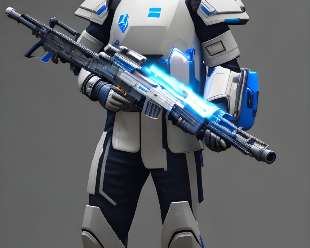 Futuristic soldier in white and blue armor with sci-fi rifle on grey backdrop