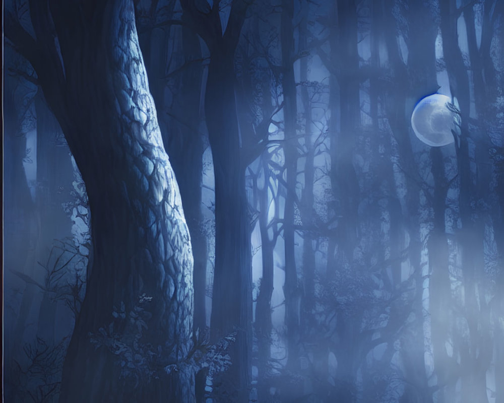 Mystical Blue Forest with Twisted Trees and Full Moon