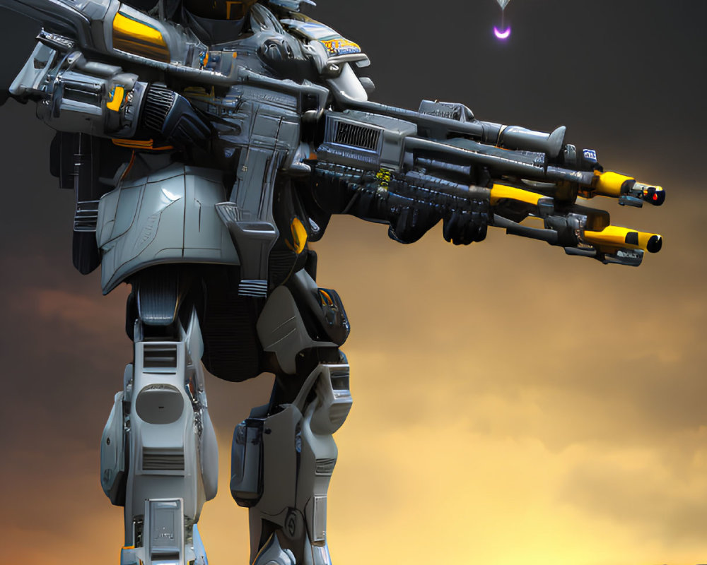 Detailed mech with weapons on desert terrain at dusk, spaceship descending in orange sky