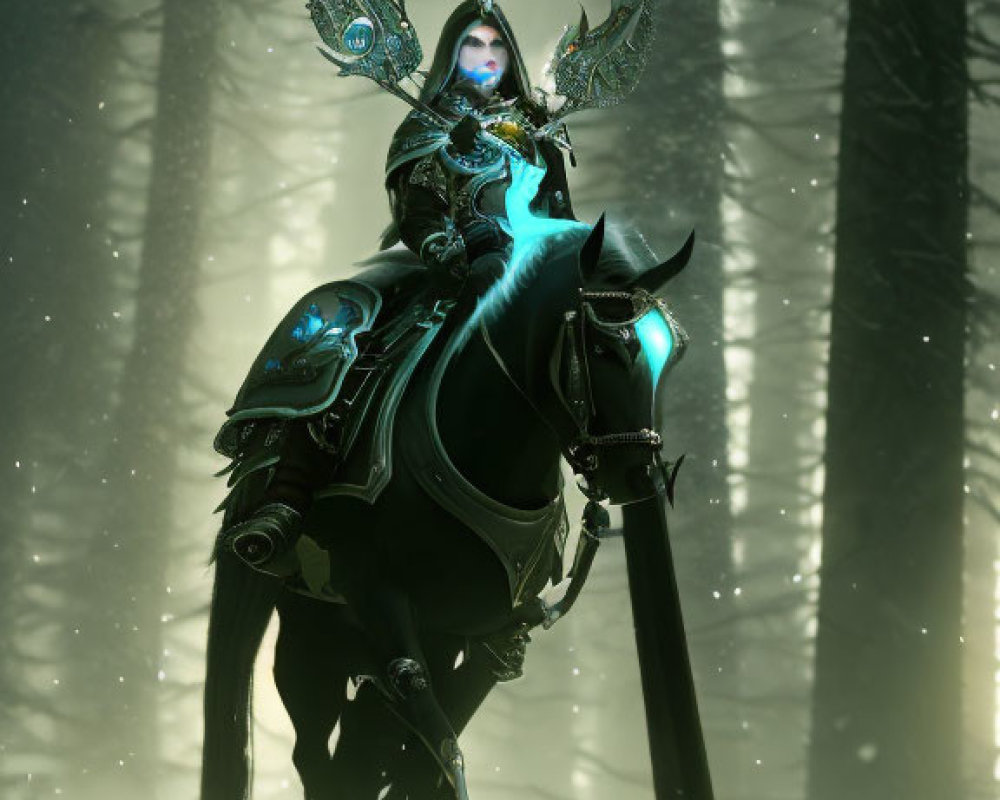 Majestic figure in ornate armor on black horse in snowy forest