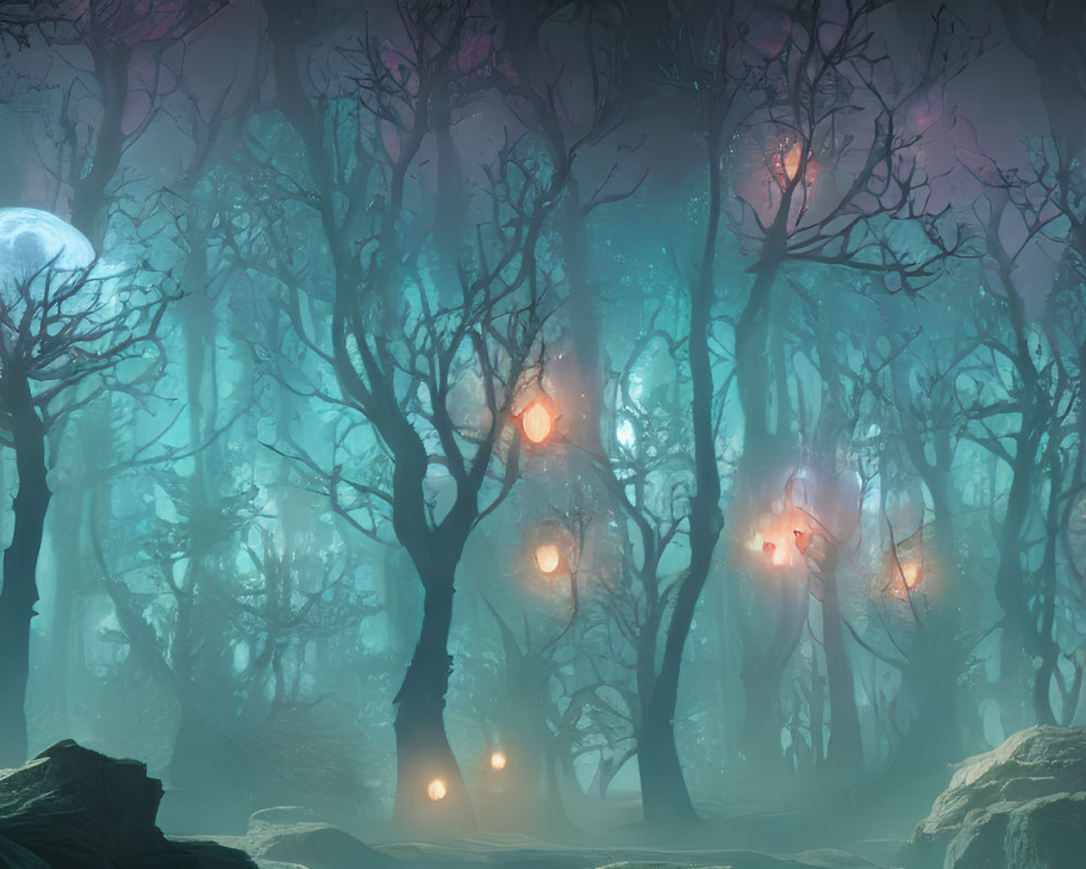 Misty forest with bare trees, orbs, and twin moons in twilight