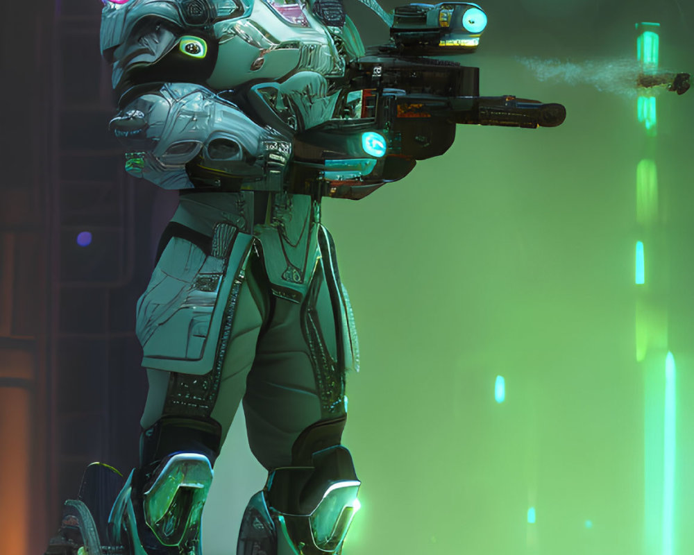 Armored soldier with blaster and neon lights beside blue crystal