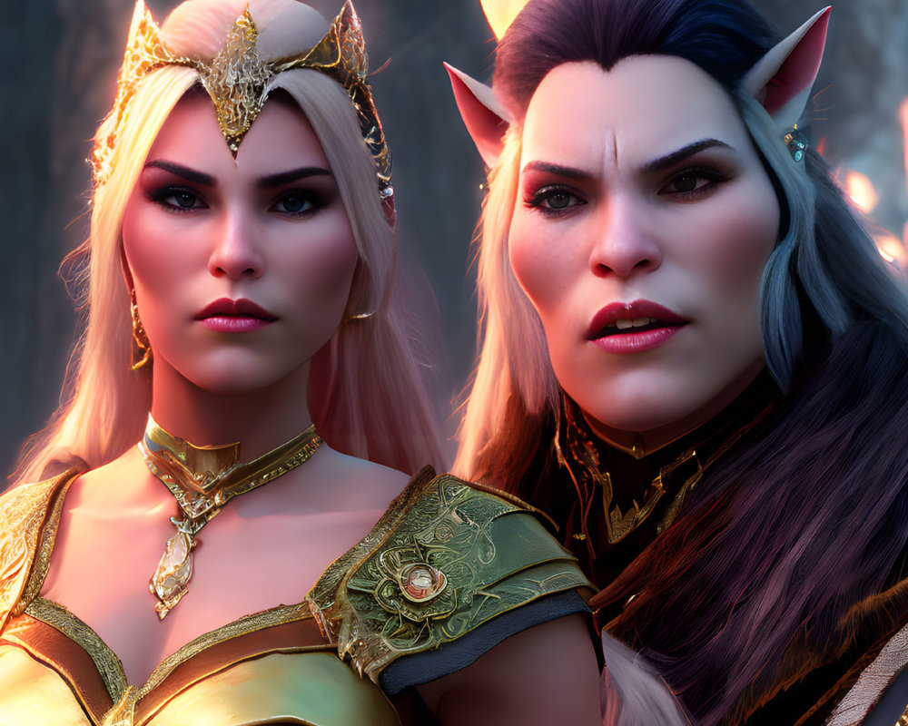 Two female elf-like characters in ornate crowns and golden armor in a dusky forest setting