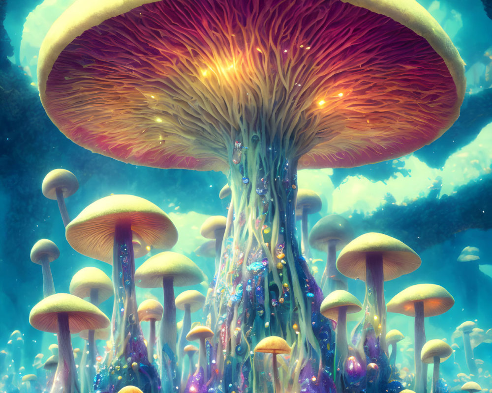 Fantastical forest of glowing oversized mushrooms in mystical blue light