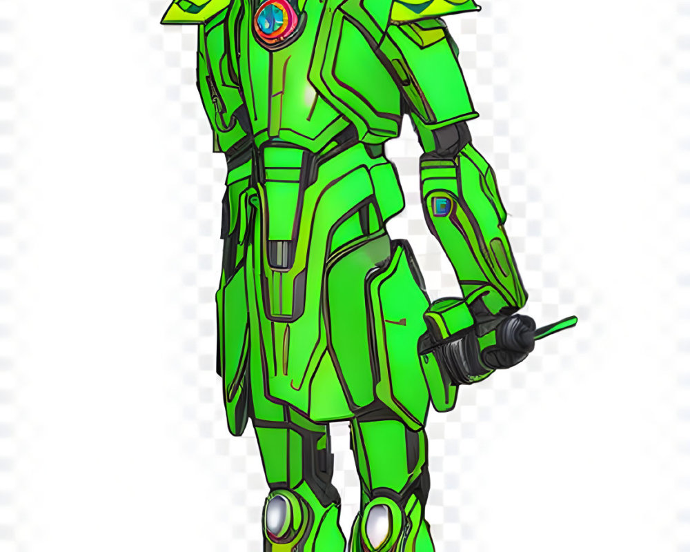 Futuristic character illustration in green and black armor suit