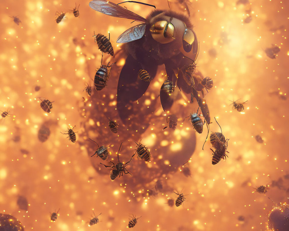 Swarm of Bees with Large Central Bee in Amber Background