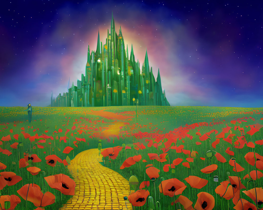 Illustration of Emerald City with yellow brick road, poppy field, and starry night sky