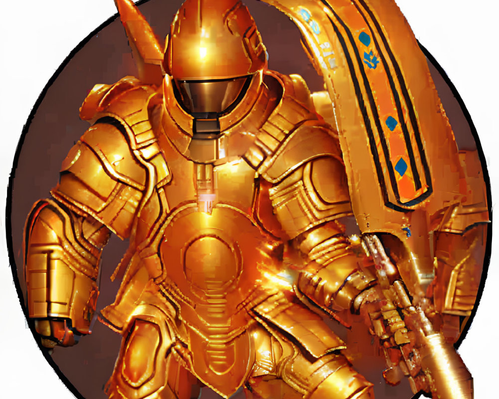 Golden-armored figure with helmet and shield featuring blue details