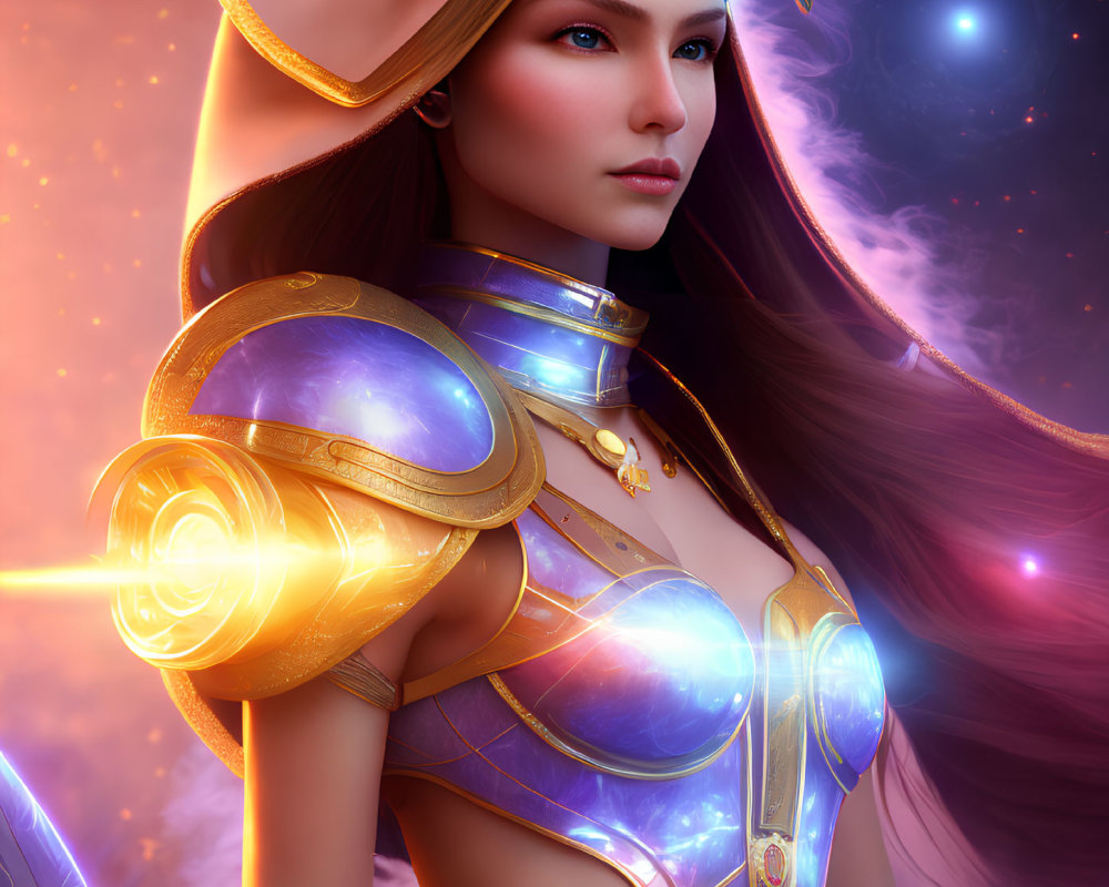 Futuristic digital artwork of female warrior in golden armor