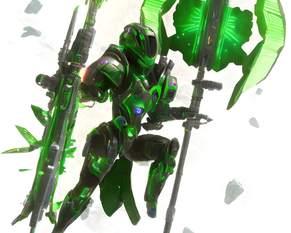 Green Armored Character with Wings and Lance in Action Scene