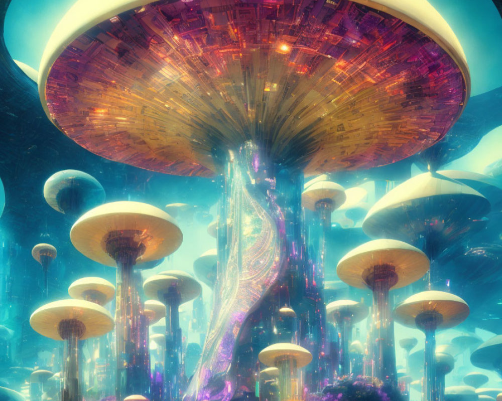 Luminous cityscape with towering mushroom structures and waterfalls