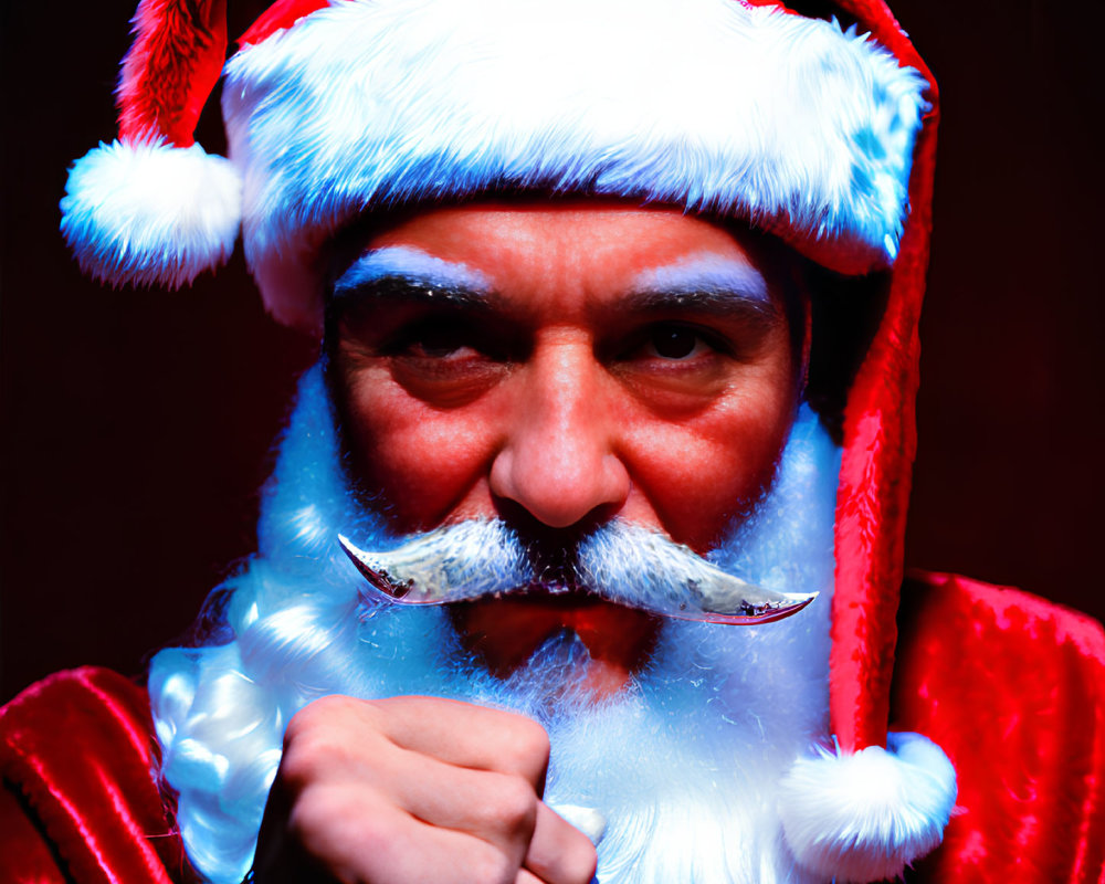 Person in Santa Claus costume with white beard and hat on red background