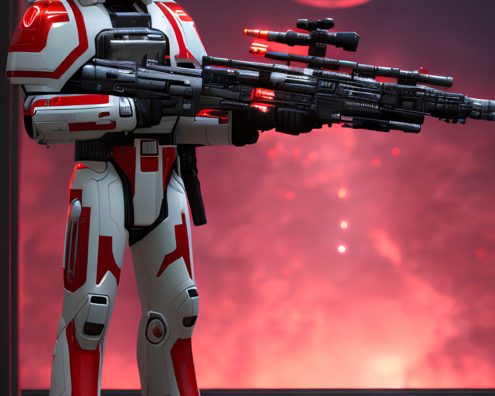 Futuristic red and white armored soldier with complex rifle and glowing red emblem