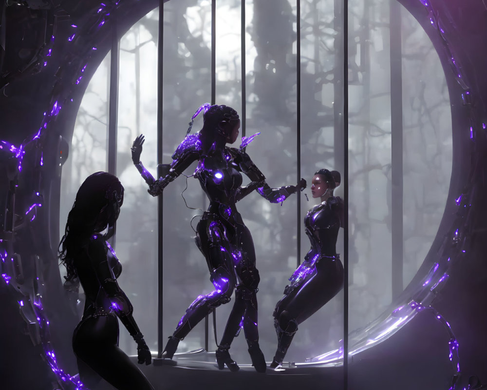 Three glowing purple futuristic female figures in forest setting with circular portal