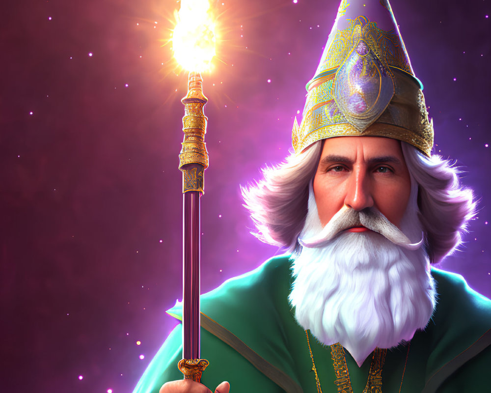 Majestic wizard with white beard, ornate hat, and glowing staff on purple backdrop