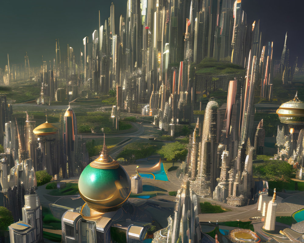 Futuristic cityscape with sleek skyscrapers and green spaces