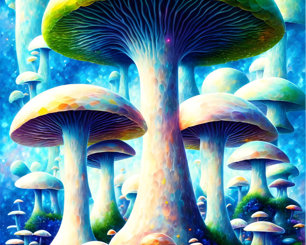 Fantasy illustration: Oversized luminescent mushrooms under cosmic sky