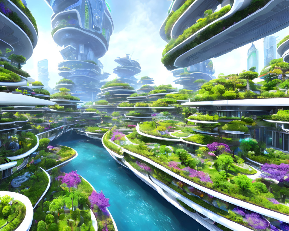 Futuristic cityscape with lush green terraced buildings and advanced architecture