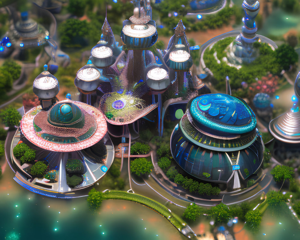 Futuristic cityscape with domed structures and lush greenery