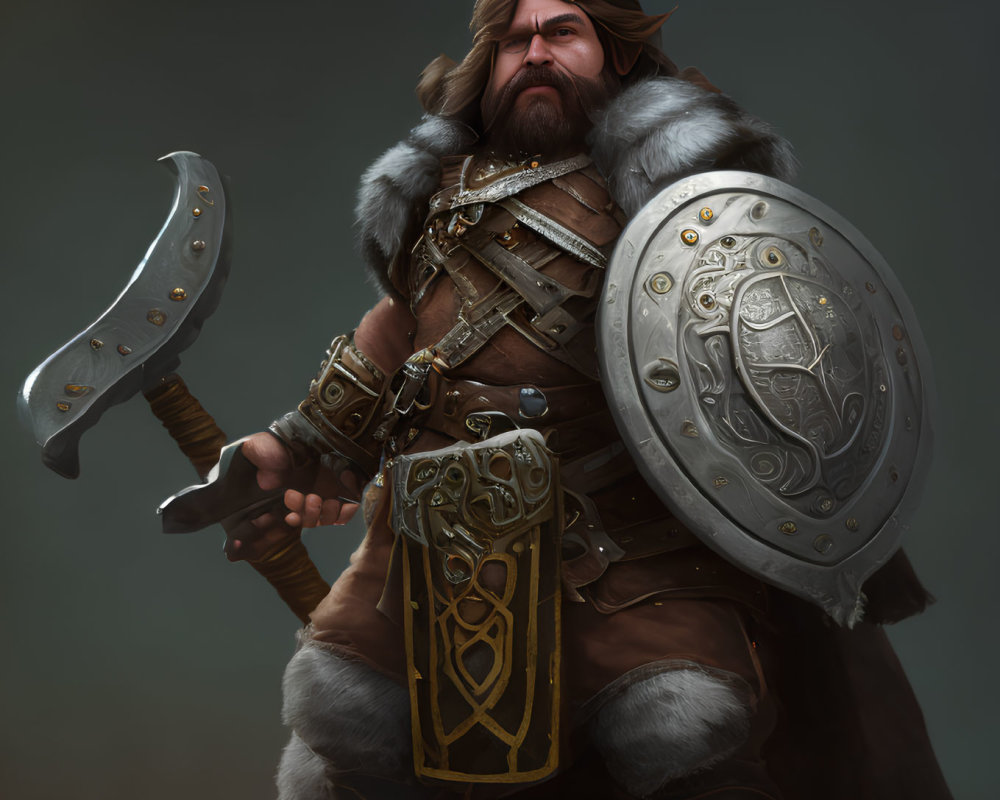 Dwarf warrior with axe, shield, fur armor & intricate designs