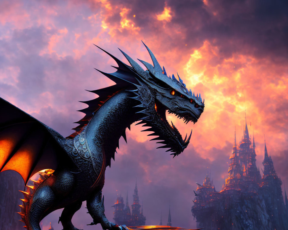 Majestic black dragon on cliff with fiery sky and castle.