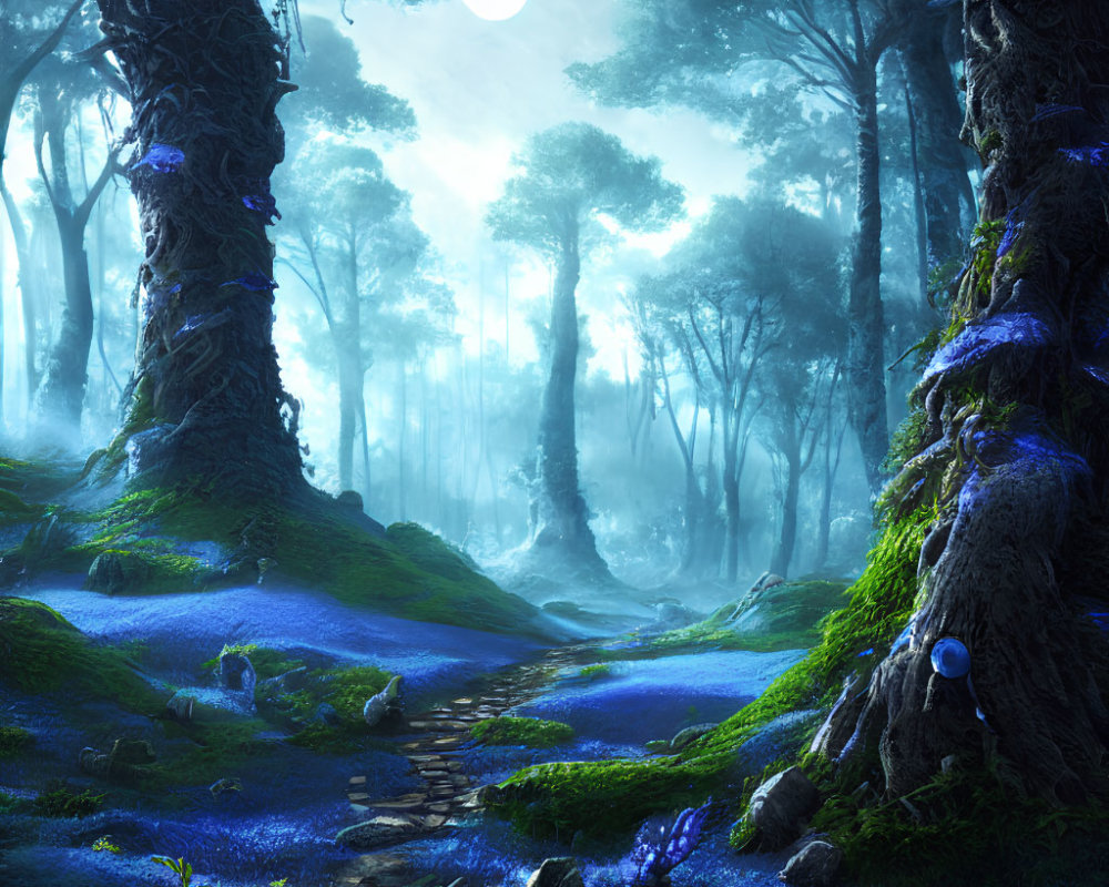 Enchanting Blue Forest with Luminous Flora and Moonlit Path