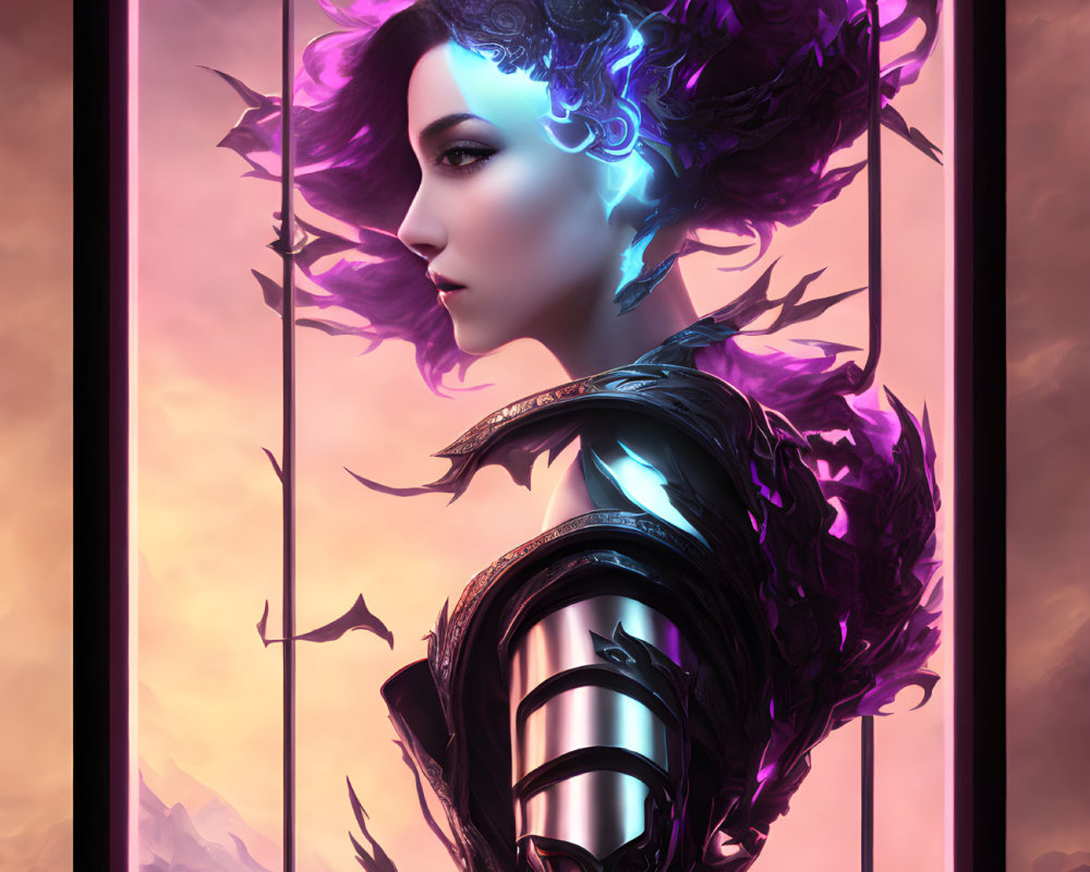 Female character with purple energy hair in futuristic armor against mountainous backdrop