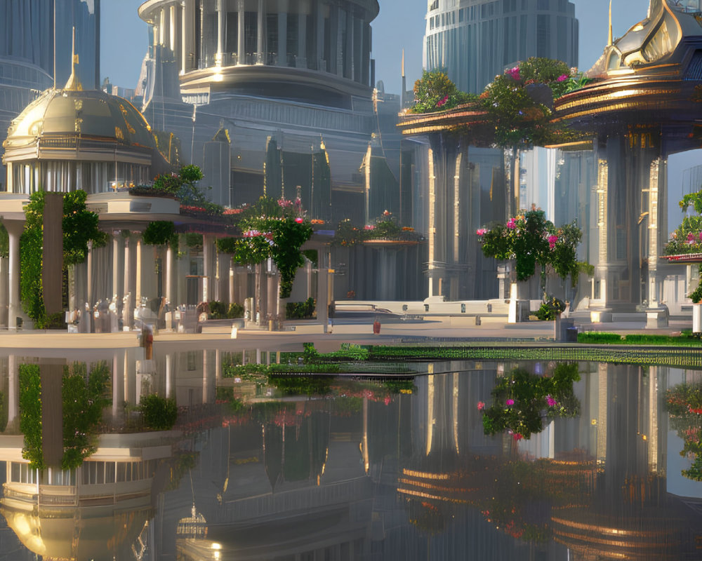 Futuristic cityscape with majestic buildings and lush greenery