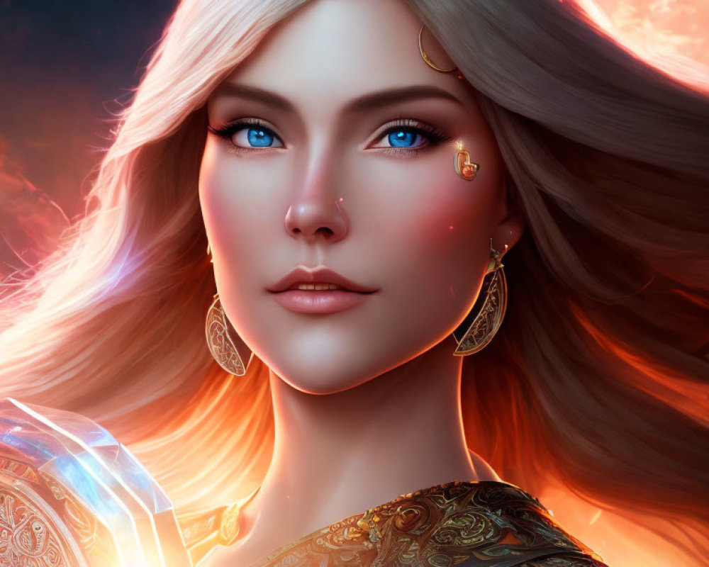 Digital portrait of woman with blue eyes, golden earrings, and magical artifact against fiery backdrop