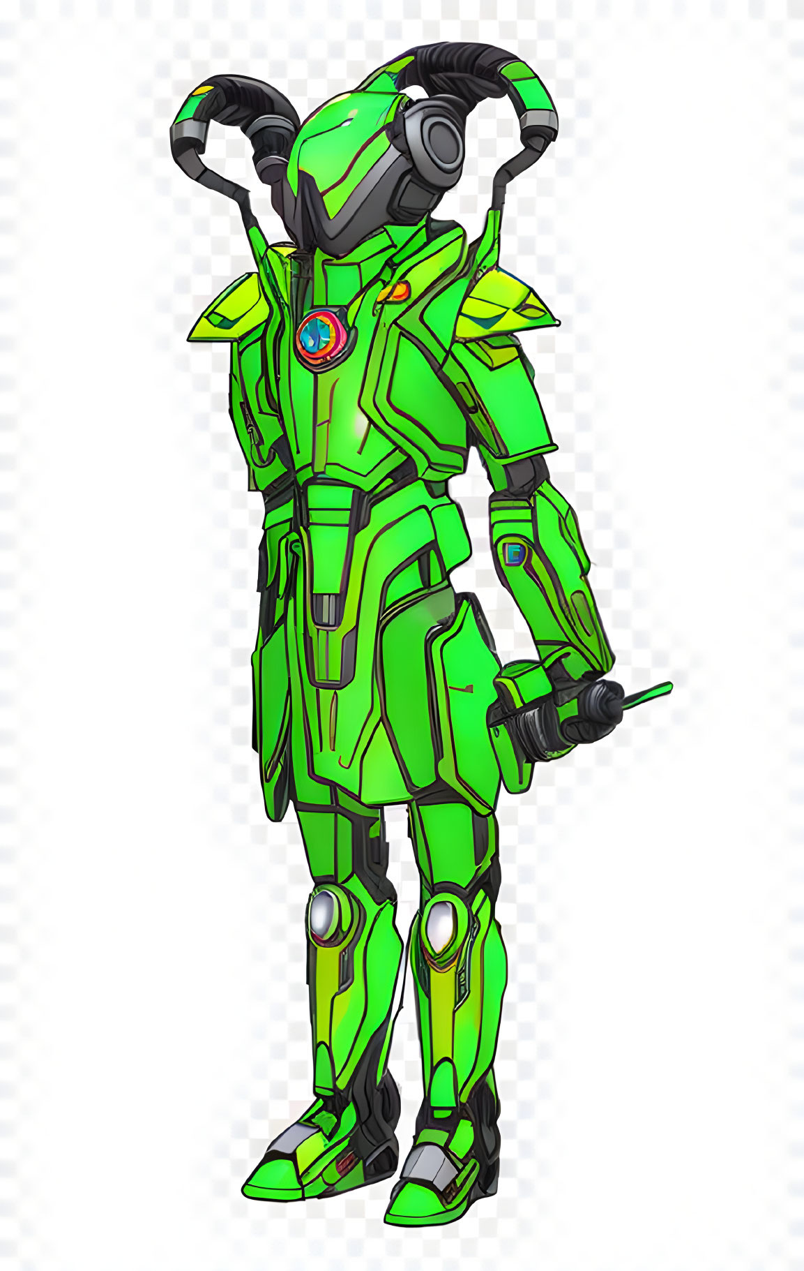 Futuristic character illustration in green and black armor suit