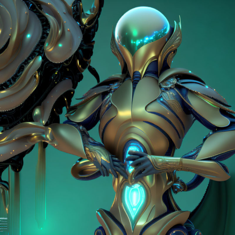 Futuristic robotic figure with golden and blue exoskeleton and glowing energy cores