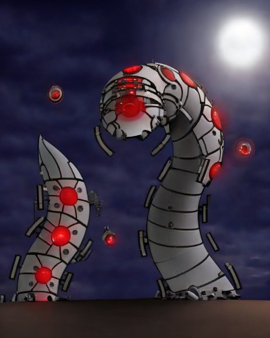 Robotic tentacles with red lights and floating orbs under night sky